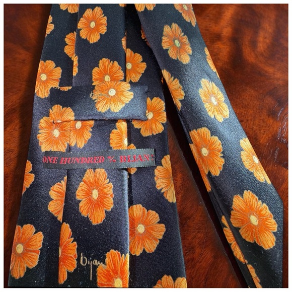 Bijan Black Silk Floral Tie - Orange Daisy Print | Statement Luxury Neckwear - Picture 4 of 15